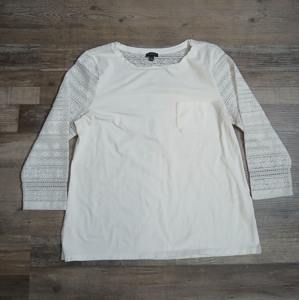 Talbots Crochet Lace Sleeve Top Womens Large Ivory Knit Scoop Neck Pocket Tee